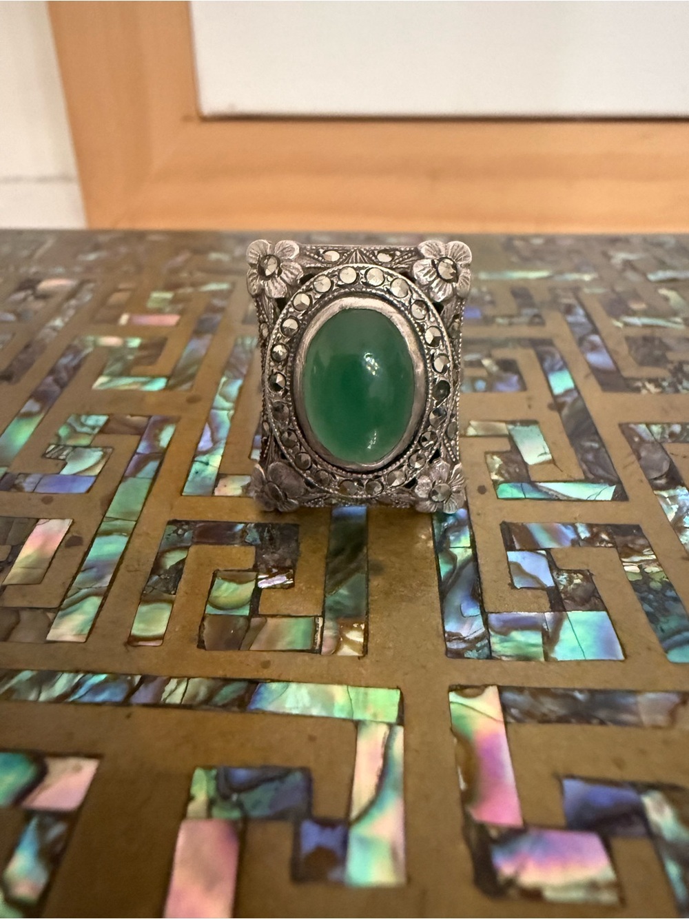 Vintage Art Deco Jade + Silver Marcasite Cocktail Ring